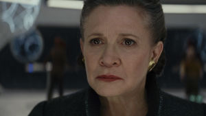 Leia (Carrie Fisher) är med för sista gången. Närbild på Leia (Carrie Fisher).