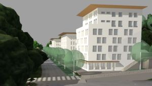 Det ena av de tre bostadshusen ska enligt planerna ha de två översta våningarna indragna. Husen ligger öster om K-supermarket. Ritning över tre nya byggnader i flera våningar.
