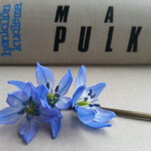 Etualalla sininen kukka ja takana Matti Pulkkisen kirja.