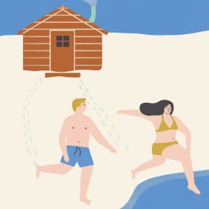 På somrarna flyr vi ut till sommarstugorna, där vi får låta vår sisu flöda genom att bo så primitivt som möjligt. Illustration i Joanna Nylunds bok Sisu
