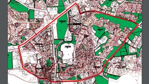 Förslag på område för fyrverkeriförbud. Karta över område i Pargas centrum där det kan bli förbjudet att avfyra raketer.