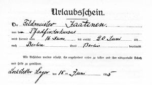 Permissionssedeln för Feldmeister Arno Jaatinen för en resa till Berlin. Feldmeister var den officiella beteckningen för de finska rekryterna innan de blev inkorporerade i den tyska armén. Tyskt semesterpass för jägare Jaatinen