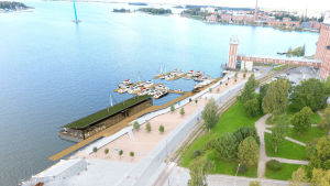 Datorgrafik över hur Bryggan kunde ha sett ut. Datorgrafik över ett förslag på en flytande terrasspaviljong i Inre hamen i Vasa.