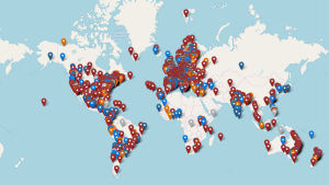 Karta över orter i världen där klimatmanifestationen ordnas på fredag. Karta över orter där unga ordnar klimatmanifestation 15.3.2019.