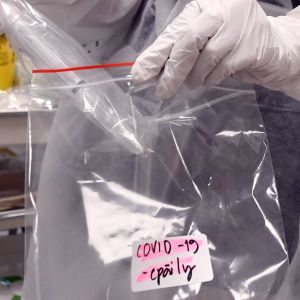 En person med plasthandskar på sig sätter ett provrör in i en plastpåse. På en lapp står det "covid-19-epäilty".
