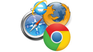 Selaimet Safari, Internet Explorer, Firefox, Chrome (vasemmalta myötäpäivään) nettiselainten logoja