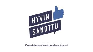 Hyvin sanottu -hankkeen logo, jossa on ylöspäin oleva peukalo sekä puhekupla.