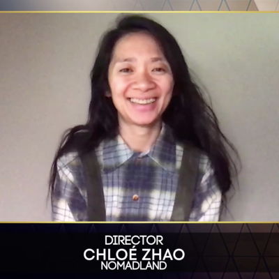 Regissören Chloé Zhao deltog i Baftagalan virtuellt, precis som de andra pristagarna. 
