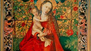 Maria i rosengård. Tyskt 1450-tal. Kunde vara en R. gallica officinalis. Maria i rosengård. Tyskt 1450-tal. Kunde vara en R. gallica officinalis.