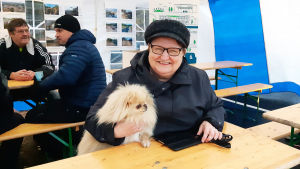 Hannele Rauha blev positivt överraskad då hon hörde om vargarna. Hon skulle ändå gärna ha sett dem i flera storlekar. En dam sitter vid ett bord inne i ett tält. Under armen har hon en liten lurvig hund.