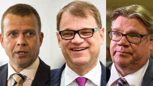 Regeringen Sipilä bestod av Centern, Samlingspartiet och Sannfinländarna/Blå framtid. Var sin bild av finansminsiter Petteri Orpo, statsminister Juha Sipilä och utrikesminister Timo Soini i ledning för regeringen.