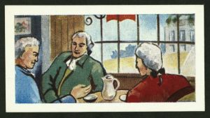 Kaffedrickare på 1700-talet i verket Georgian coffee houses, ur George Arents Collection. Shelf locator: Arents Cigarette Cards. The New York Public Library Digital Collections. Kaffedrickare på 1700-talet. Teckning.