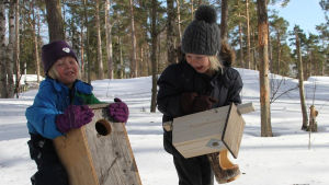Lapset kantavat linnunpönttöjä talvella