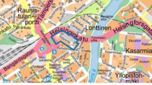 De nya höghusen bildar ett kvarter nära Tomasbron vid Helsingforsvägen. Karta över Helsingforsgatan i Åbo.
