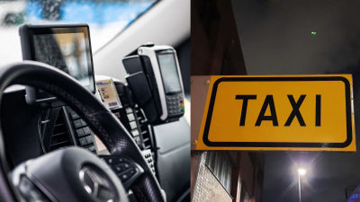 Ratt, navigator och taxameter i en bil samt en skylt där det står taxi.