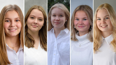 Fem personporträtt på fem unga kvinnor klädda i vitt.