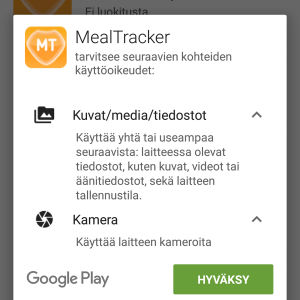 MealTracker-sovelluksen vaatimat oikeudet matkapuhelimessa