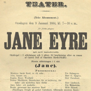 Fru Malmström spelade huvudrollen år 1884. Affisch för teaterföreställningen Jane Eyre på Åbo Svenska Teater 9.1.1884.