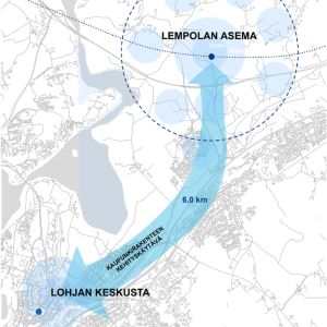 Det är sex kilometer mellan Lojo centrum och det planerade stationsområdet. En karta med en blå pil.