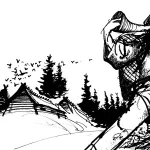 Mustavalkoinen kuva, jossa Kullervo soittaa torvea ja pakenee (piirros)