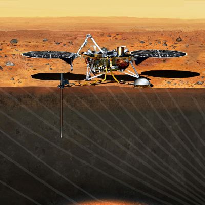 Skissad bild på hur Insight kommer att se ut på Mars yta. 