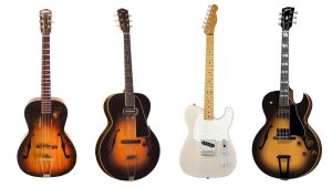 Lucille i olika skepnader, fr. v. Gibson L-30, Gibson ES-150, Fender Esquire, Gibson ES-175. Några av B B Kings gitarrer i rad