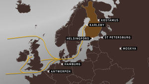 Transporterna via Karleby hamn kommer från Ryssland och går till mellan- och sydeuropa. Karta över transporter via Karleby hamn