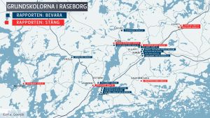 De röda skolorna borde stänga, föreslår konsulten. En karta som visar grundskolorna i Raseborg plus vilka som i en konsultrapport våren 2016 föreslås stängas.