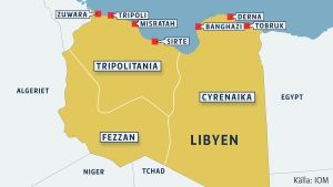 De fyra stora oljehamnarna i östra Libyen ligger i Cyrenaica i östra Sidrabukten mellan städerna Sirte och Benghazi Det kaotiska läget i Libyen har lett att landet har splittrats i tre traditionella territorier som eftersträvar större självsttyre eller till och med självständighet