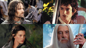 Taru sormusten herrasta -trilogia: Aragorn (Viggo Mortensen), Arwen (Liv Tyler), Frodo (Elijah Wood), Gandalf (Ian McKellen)