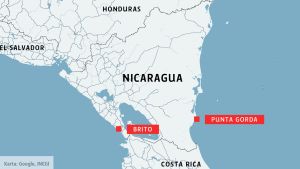 Kanalen ska gå mellan Brito och Punta Gorda. Karta över Nicaragua med orterna Brito och Punta Gorda där en planerad kanal ska gå genom landet.