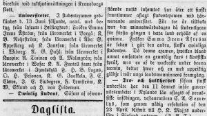 Hufvudstadsbladets första sida den 14 juni 1873 "...har åter ett fruntimmer avlagt studentexamen.". Hufvudstadsbladet den 14 juni 1873.
