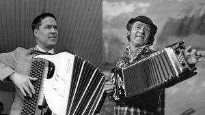 Kaksi kuvaa Lasse Pihlajamaasta soittamassa harmonikkaa. Toisessa kuvassa hattupäisenä koomikkona.