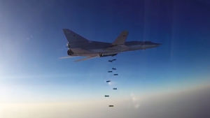 Ryskt stridsplan fäller bomber över Aleppo. Jaktplan (Tupolev Tu-22M) fäller bomber över Aleppo