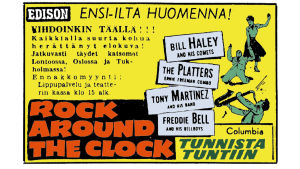 Edison-elokuvateatterin mainos filmistä Rock Around the Clock Helsingin Sanomissa (kuva väritetty)).