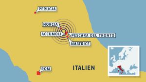 Karta över jordbävningsområde i Italien 24.8.2016.