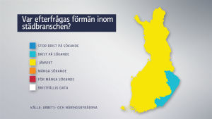 Grafiken baserar sig på Arbets- och näringsbyråernas uppgifter över arbetssökande. Mer exakta uppgifter om hur behovet ser ut i en specifik stad finns på www.ammattibarometri.fi. I östra Finland finns det brist på förmän inom städbranschen.
