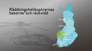 Österbotten behöver egen läkarhelikopter. En sådan kunde placeras i Seinäjoki. läkarhelikoptrarnas räckvidd märkt på Finlands karta