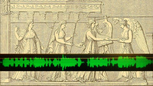 Kollaasi: Uhritoimitus Delfoin temppelissä, kirjasta The Boys' And Girls' Herodotus (1884). Piirroksen päällä kuva äänenkäsittelyohjelman näytöstä.