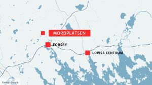Rike ligger några kilometer norr om Forsby i Lovisa. Karta med mordplats, Forsby och Lovisa centrum
