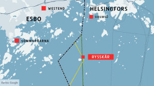 Tom Kaisla hoppas att gränsen mellan Helsingfors och Esbo ska dras i en rak linje i stället för att som nu göra en krök vid Rysskär. Karta över skärgården mellan Esbo och Helsingfors.