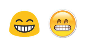Virnistävä emoji kahdessa eri laitteessa: vas. Google, oik. Apple. Kaksi virnistävää emojia