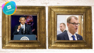 Bilder på Barack Obama och Juha Sipilä i guldramar.