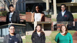 Studerande vid Rutgers University-Newark i New Jersey. Övre raden fr.v. Jahkai Harrison, Naomi Gulama och Janio Perez, nedre raden fr.v. Antonio Escarraman, Anna Williams och Jamie Frank. Övre raden fr.v. Jahkai Harrison, Naomi Gulama och Janio Perez, nedre raden fr.v. Antonio Escarraman, Anna Williams och Jamie Frank på campuset på Rutgers University.