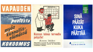 Valmöjligheter och en balanserad offentlig ekonomi: två teman som går igen i Samlingspartiets kampanjer. (Bild: Porvarillisen Työn Arkisto). Bild på gamla valaffischer
