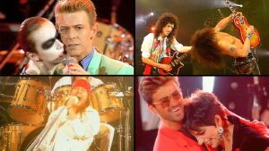 Kollaasi Freddie Mercuryn muistokonsertista: Annie Lennox & David Bowie, Brian May & Slash, George Michael & Liza Minnelli, Axl Rose