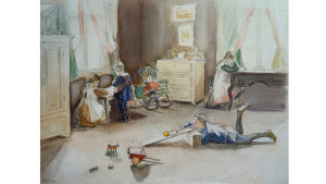 "I barnkammaren" från 1899. "I barnkammaren" heter den här akvarellen av Hanna Frosterus-Segerstråle, där hennes barn leker i barnkammaren.