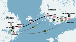 Så här skulle banan se ut i framtiden. Potentiell hyperloop-bana mellan Finland och Sverige.