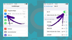 Så här stänger du av anslutningsmöjligheterna för wifi på en iOS-mobiltelefon. Symbolen för de skyddade nätverken är den samma som för en Androidtelefon. Bilder på hur du stänger av anslutningsmöjligheterna för wifi på en iOS-telefon.