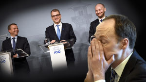 Bildcollage som visar Juha Sipilä, Petteri Orpo och Sampo Terho som ler, och Jussi Halla-aho som ser ledsen ut.